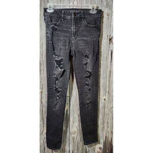 Women's‎ AMERICAN EAGLE Black Jeans Super Super Stretch destroyed Sz 4